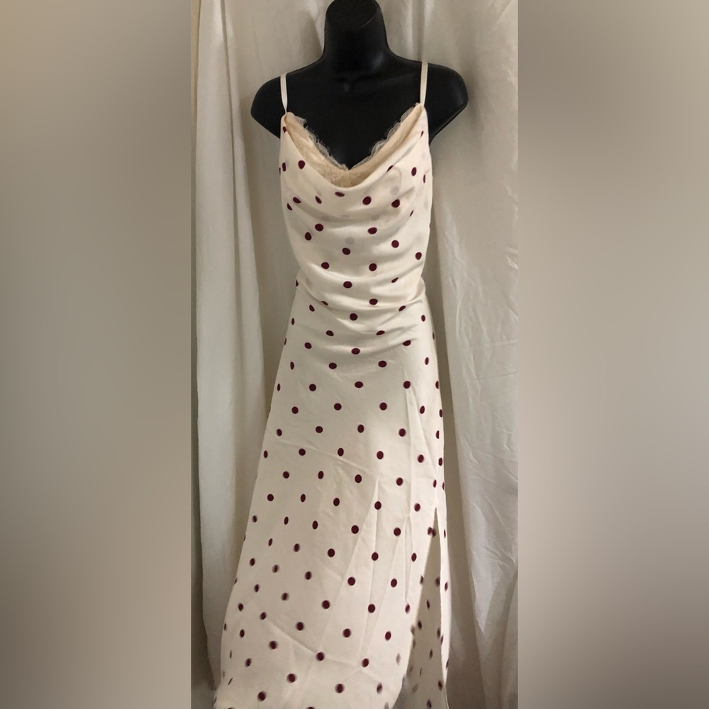 Jessica Simpson cream dark red polka dot laceโ bra cowl neck maxi dress size L